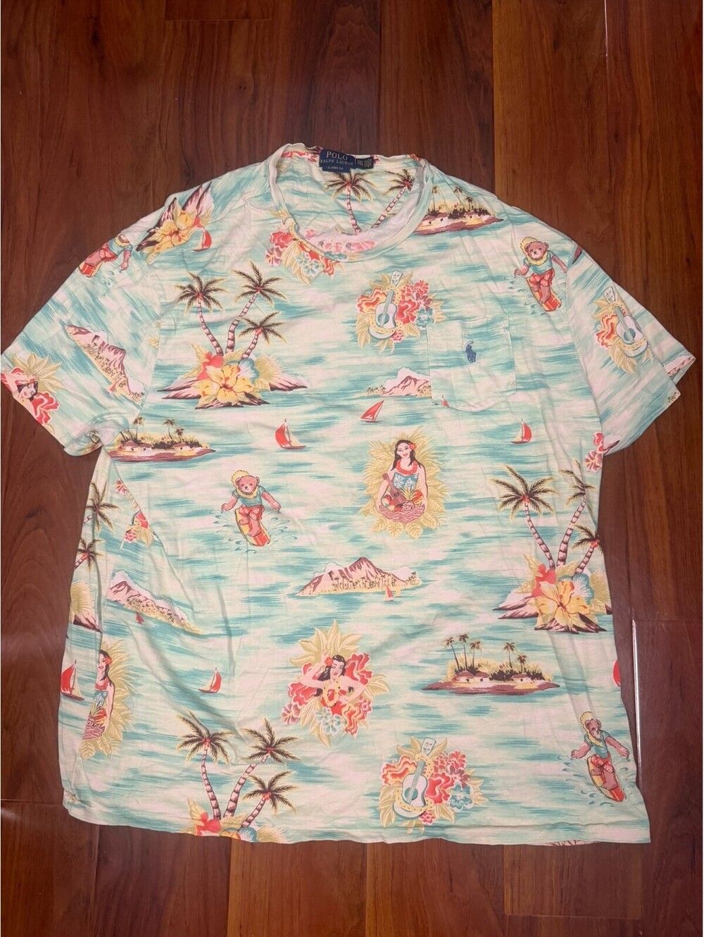 Polo Ralph Lauren T-Shirt Men's SZ 2XL Pocket Tee Hawaiian Hula Girl Surfer Bear